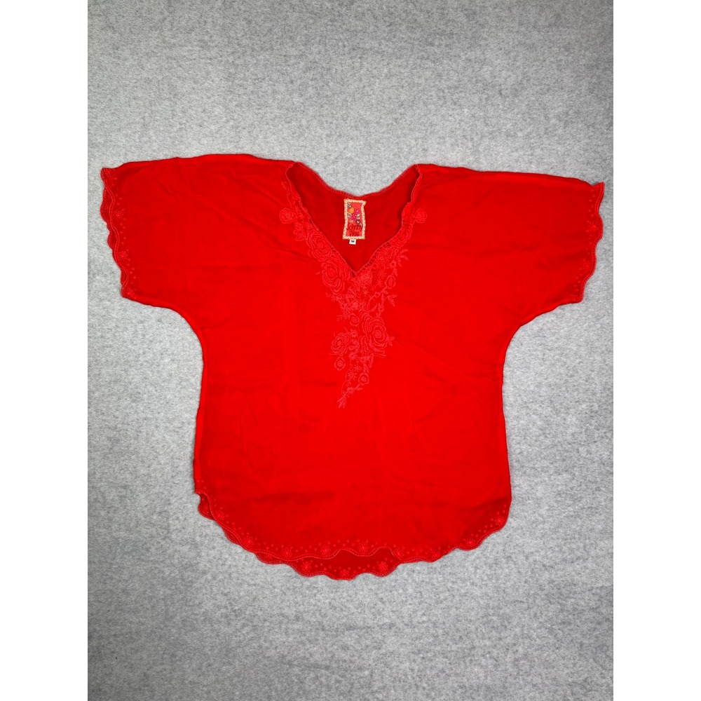 Johnny Was Red Embroidered Silk Blouse V-Neck Scalloped Hem Boho Top Medium